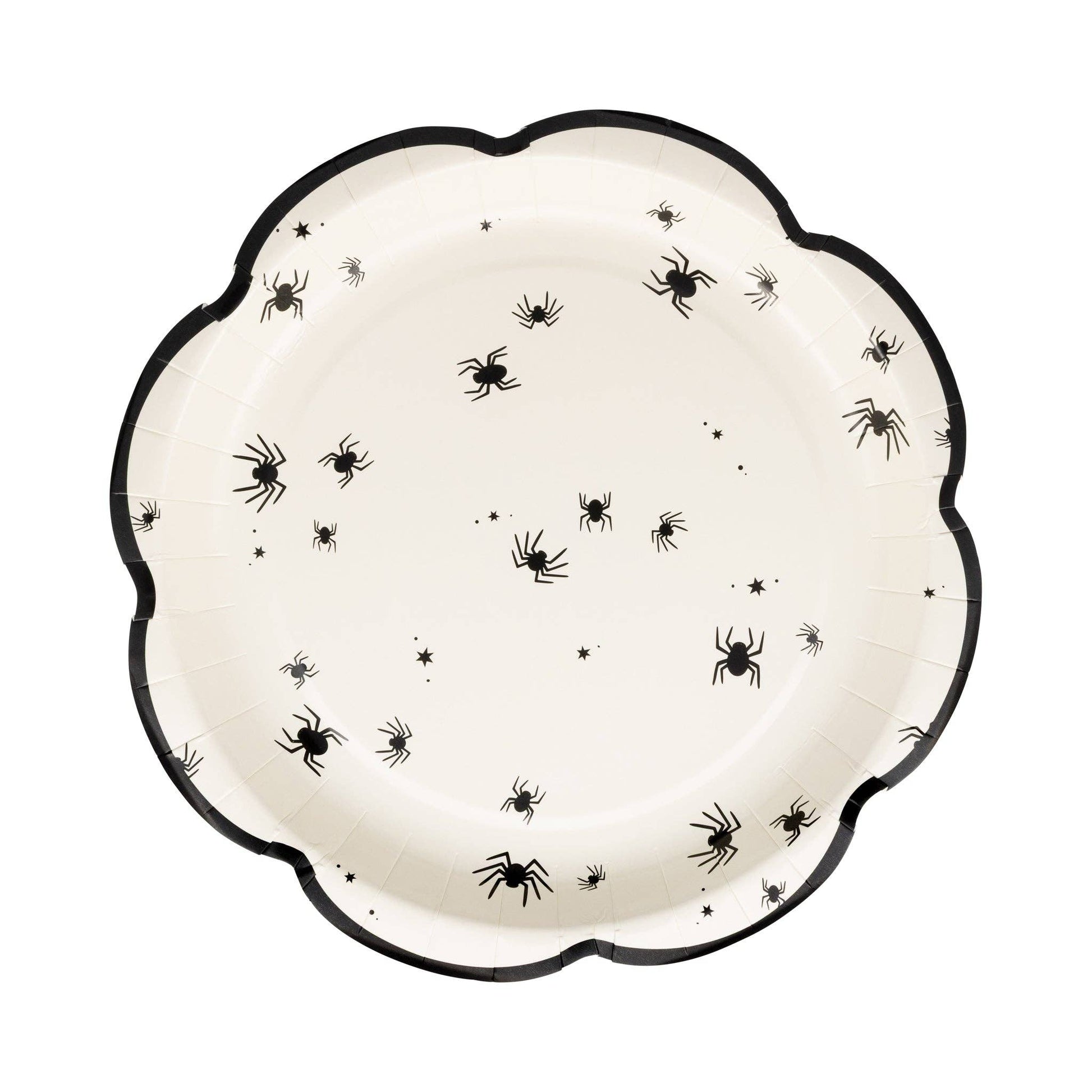 White scalloped plate with scattered black spiders, available at our Toronto party shop.