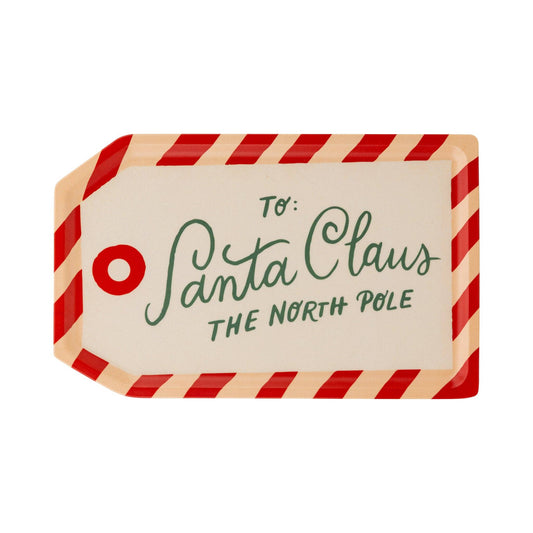 Rectangular bamboo tray with red candy cane border and ‘To: Santa Claus, The North Pole’ design, available at Confetti My Party Toronto.