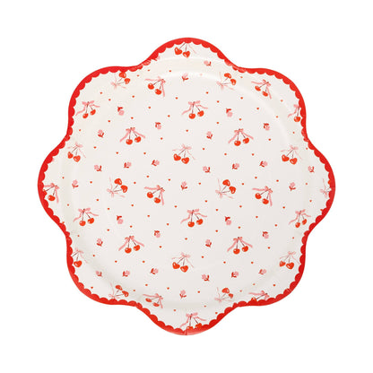 Tossed cherry party plates with scalloped red edge, available at Confetti My Party in Toronto with Canada-wide shipping