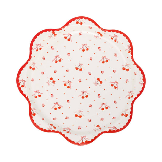 Tossed cherry party plates with scalloped red edge, available at Confetti My Party in Toronto with Canada-wide shipping