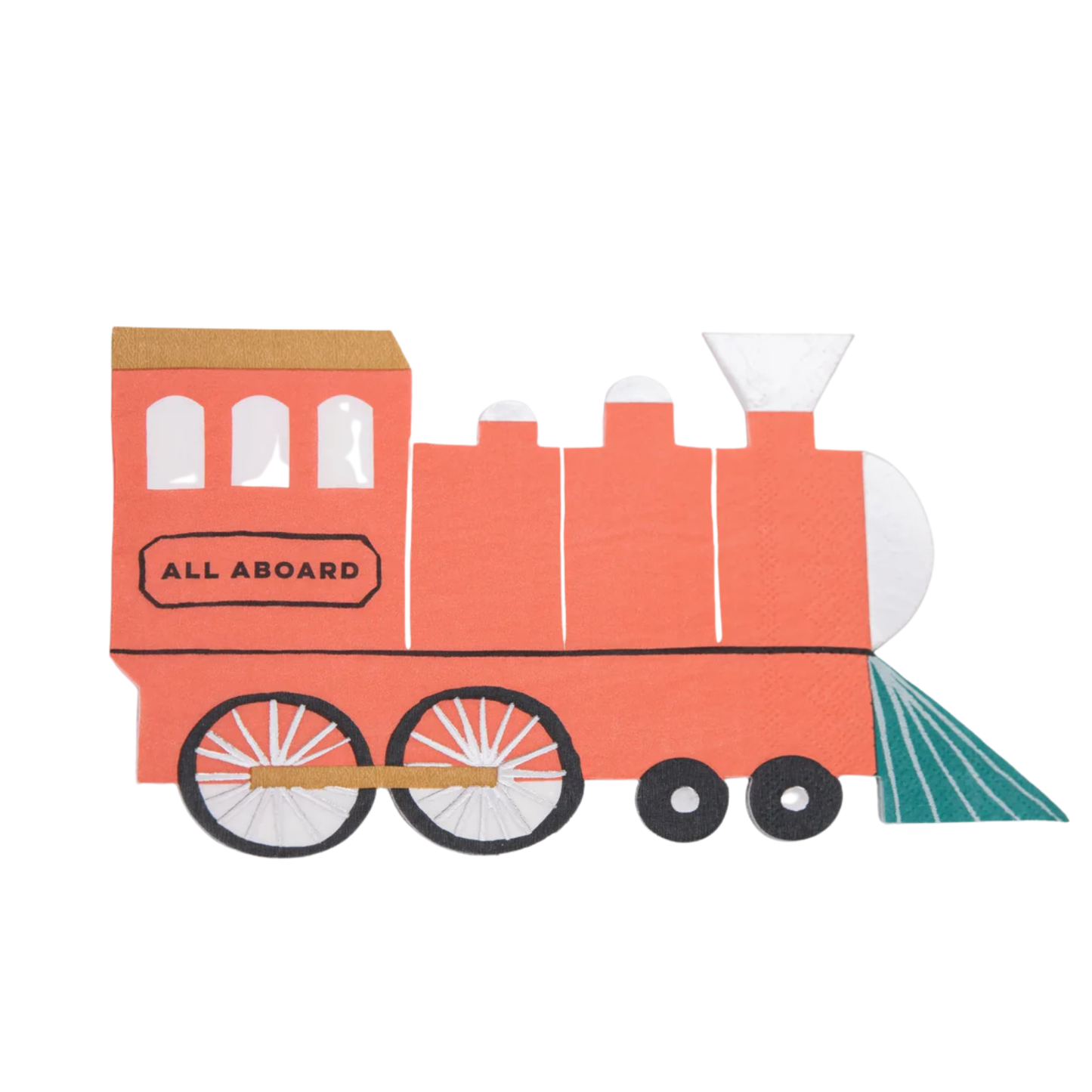  Red train-shaped paper napkin with "All Aboard" text and metallic details