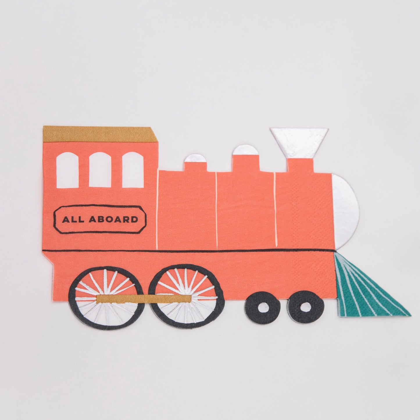  Red train-shaped paper napkin with "All Aboard" text and metallic details