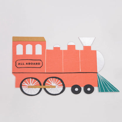  Red train-shaped paper napkin with "All Aboard" text and metallic details