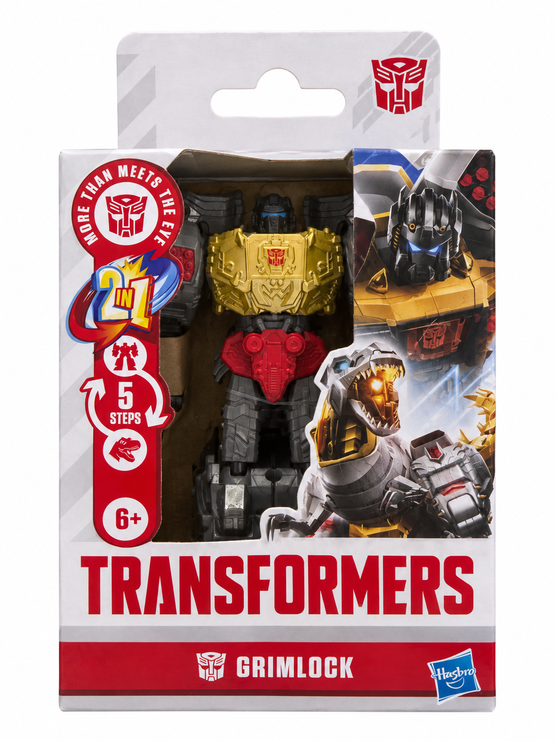 Hasbro Transformers Grimlock transforming action figure in original packaging with gold, red and grey robot and T-Rex artwork. Pick up in Toronto + Canada-wide shipping available.