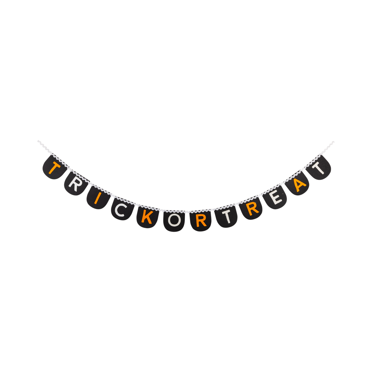 Trick or Treat felt Halloween banner with black pennants and cream and orange letters