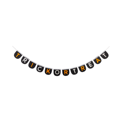 Trick or Treat felt Halloween banner with black pennants and cream and orange letters