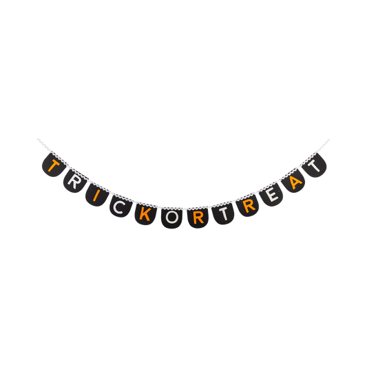 Trick or Treat felt Halloween banner with black pennants and cream and orange letters