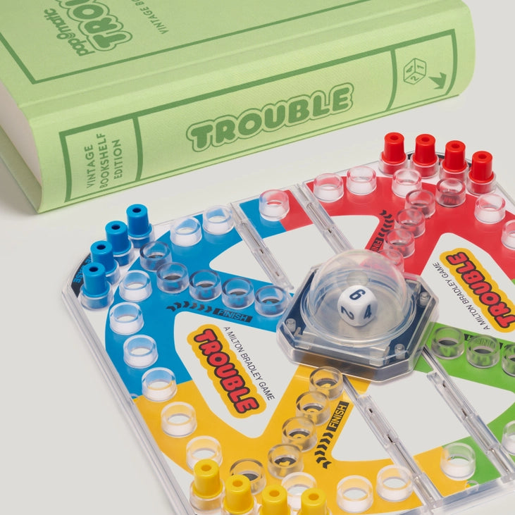 Trouble Vintage Bookshelf Edition components — board, pegs, and dice bubble — styled for homes, shipping across Canada.