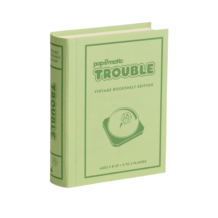 Trouble Vintage Bookshelf Edition linen-wrapped book case, perfect for family game nights, available in Toronto and shipping across Canada.