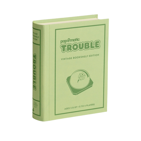 Trouble Vintage Bookshelf Edition linen-wrapped book case, perfect for family game nights, available in Toronto and shipping across Canada.