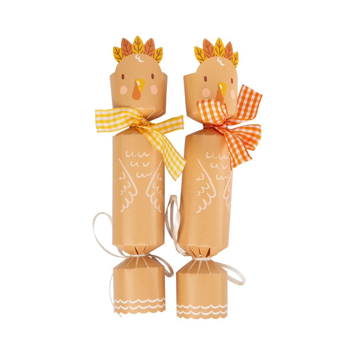 Turkey Thanksgiving party crackers with gingham ribbon
