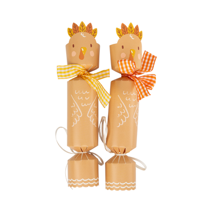 Turkey Thanksgiving party crackers with gingham ribbon
