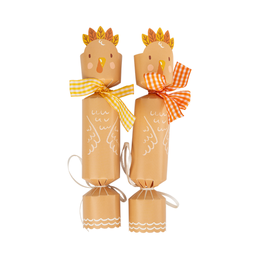 Turkey Thanksgiving party crackers with gingham ribbon