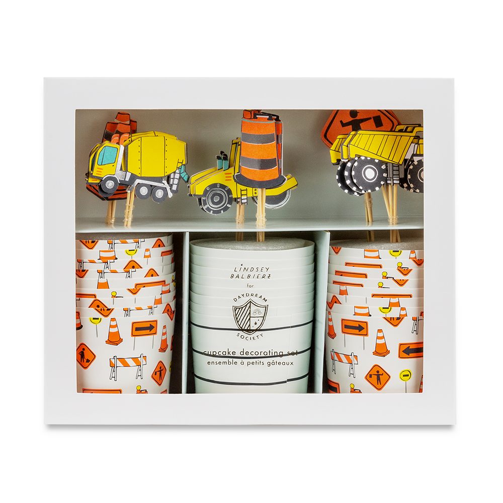 Construction cupcake kit boxed set with orange and white liners and truck-themed toppers, perfect for kids’ parties in Toronto.
