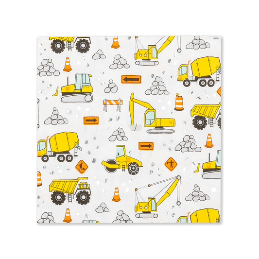 Under construction dinner napkin featuring illustrated construction trucks, cranes, and traffic cones, sold at Confetti My Party in Toronto