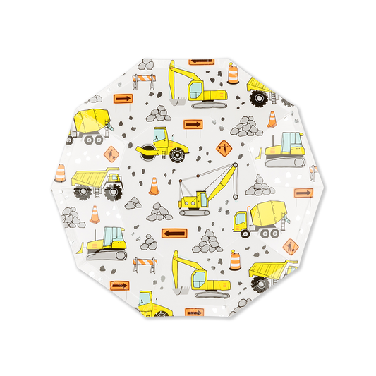 Under construction small paper plate featuring illustrated construction trucks, cranes, and traffic cones, sold at Confetti My Party in Toronto