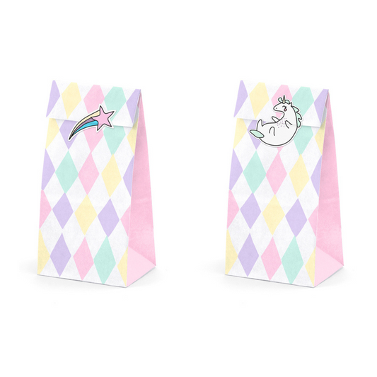 favour bags with diamond pattern and unicorn stickers