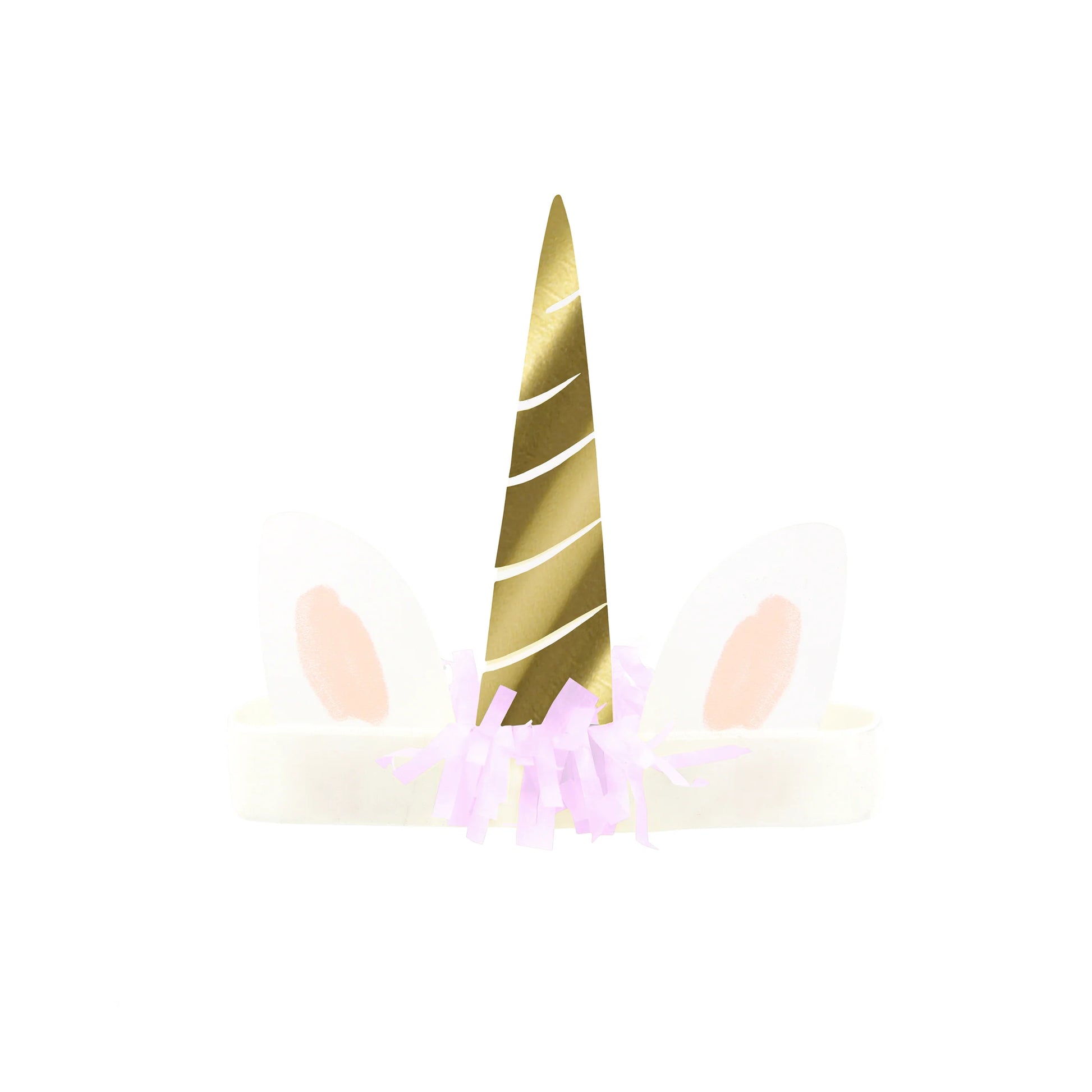 Gold unicorn horn with lilac mane on a white background