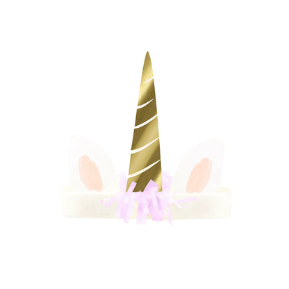 Gold unicorn horn with lilac mane on a white background
