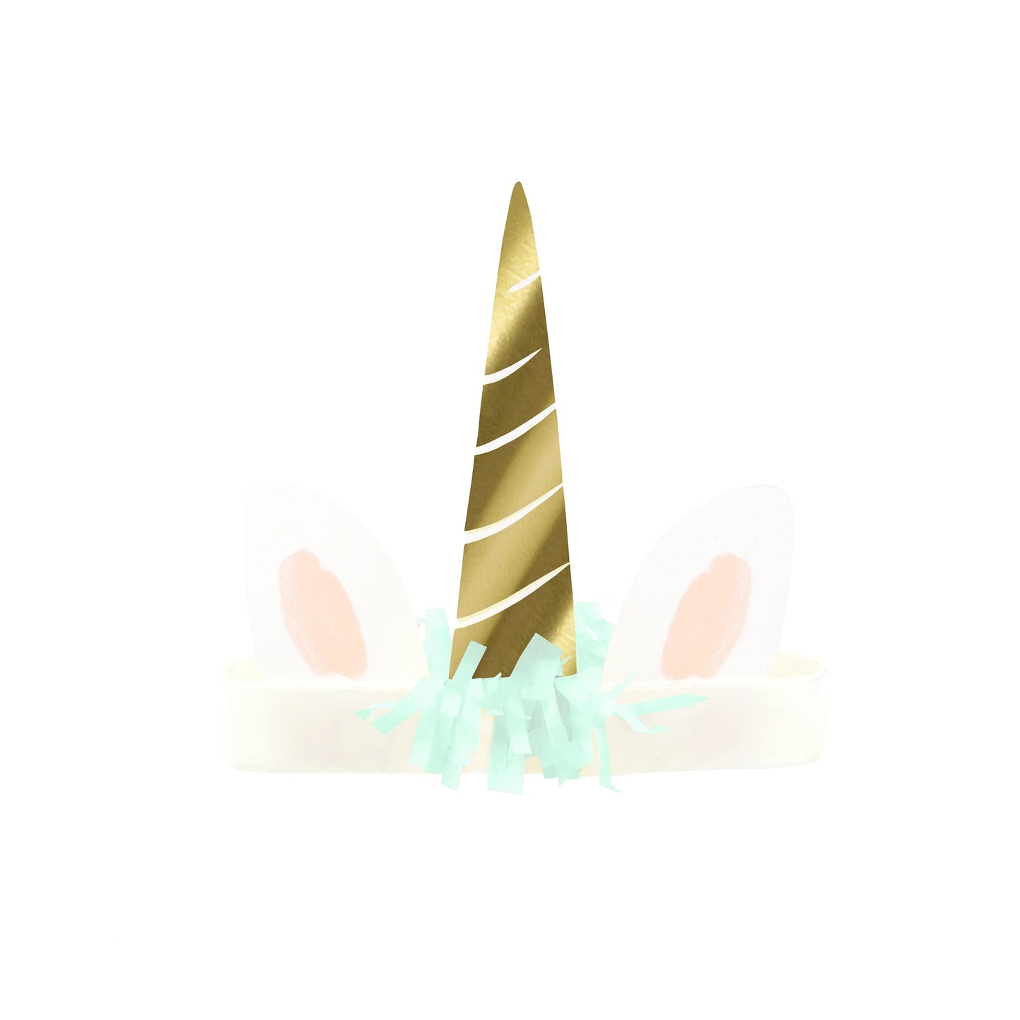 Gold unicorn horn with pink ears and mint mane on a white background