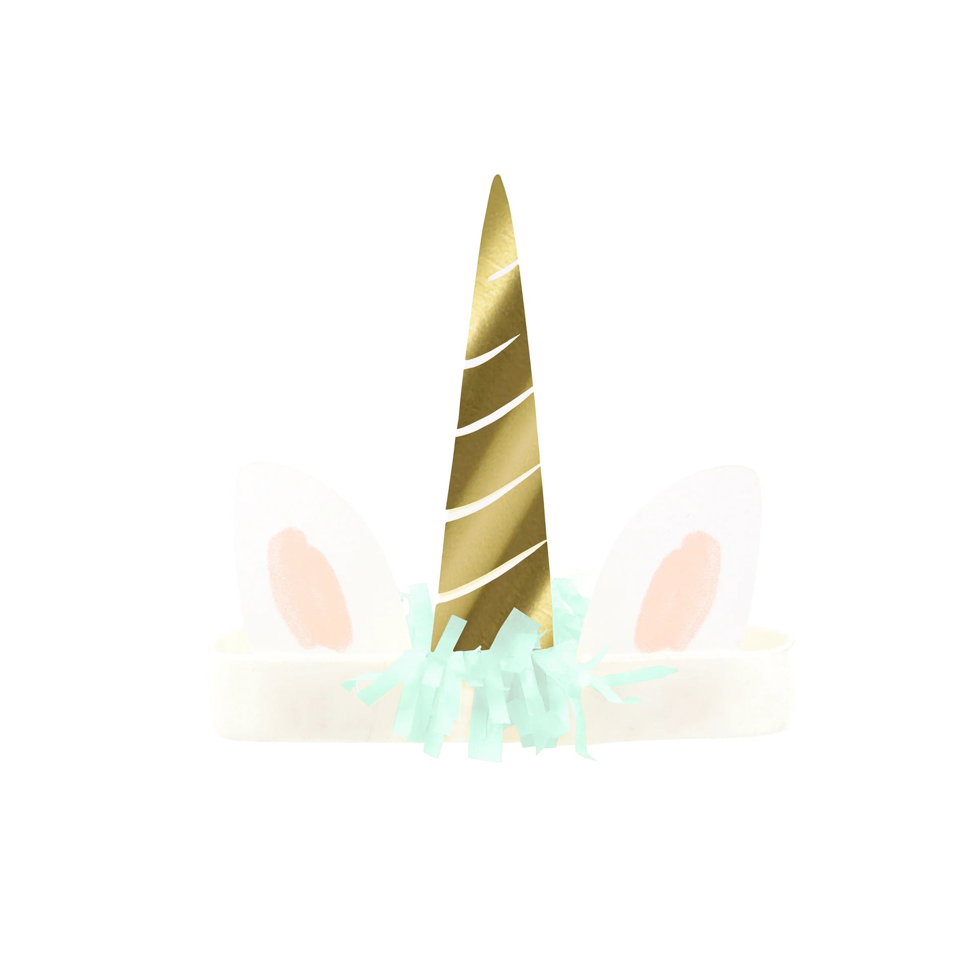 Gold unicorn horn with pink ears and mint mane on a white background