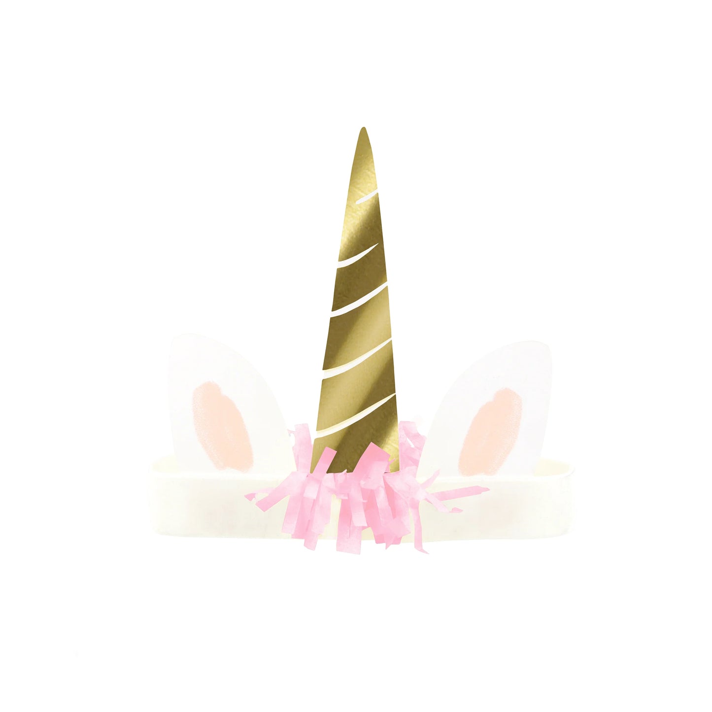 Gold unicorn horn with pink tassels on a white background