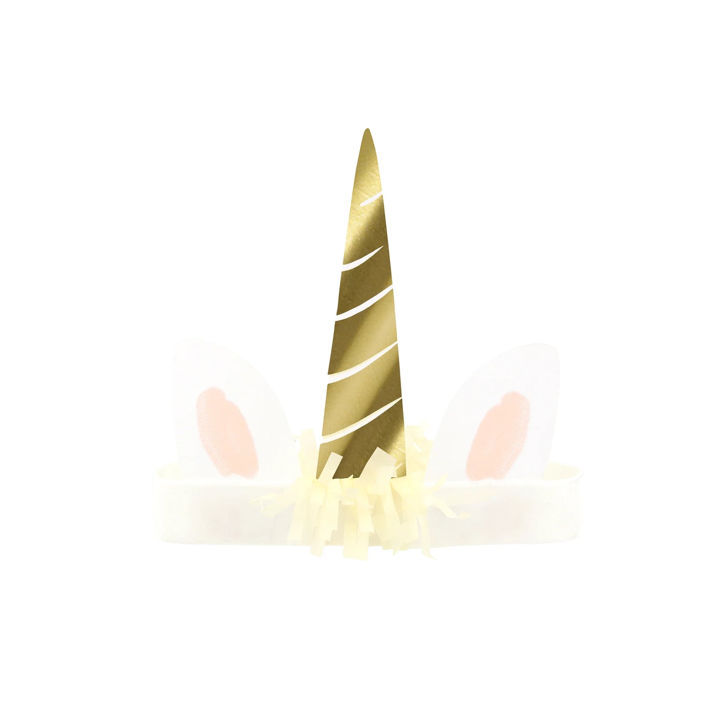 Gold unicorn horn with pink ears on a white background