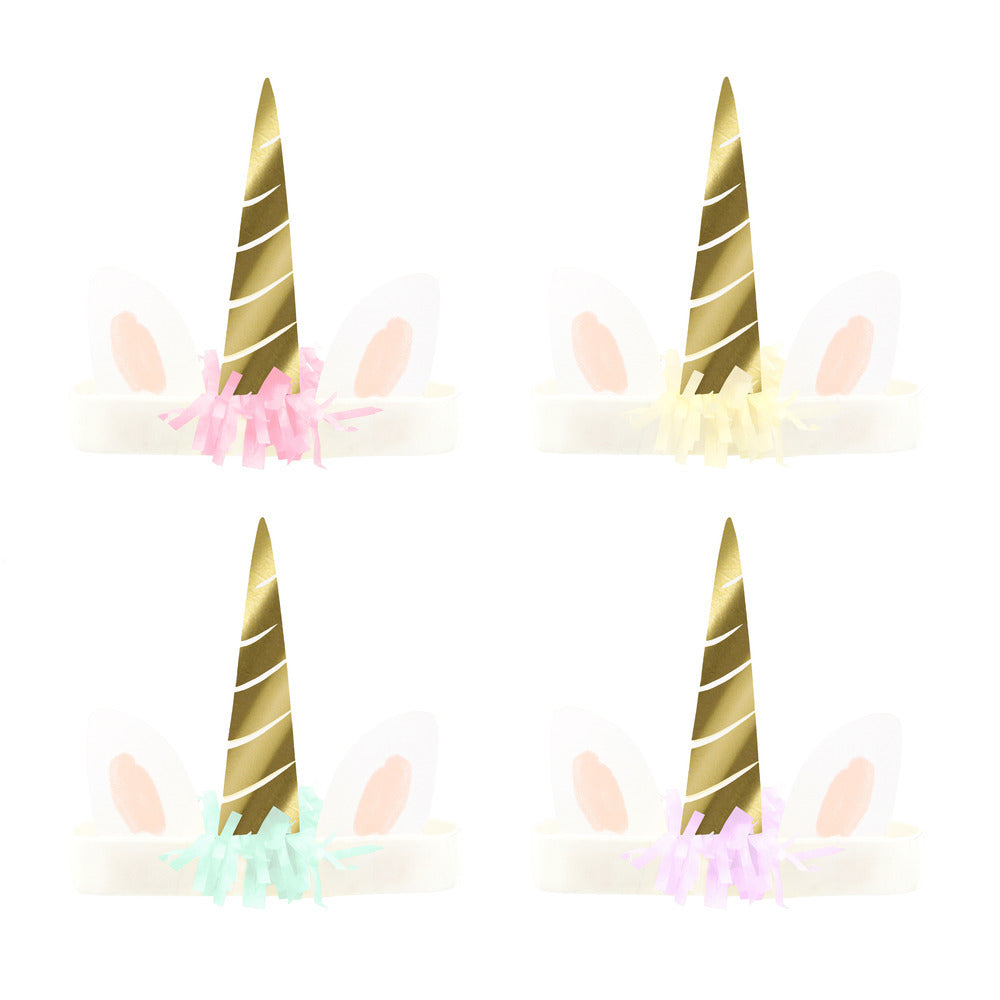 Gold unicorn horns with decorative elements, pack of 8 in 4 colours. Sold in Toronto.