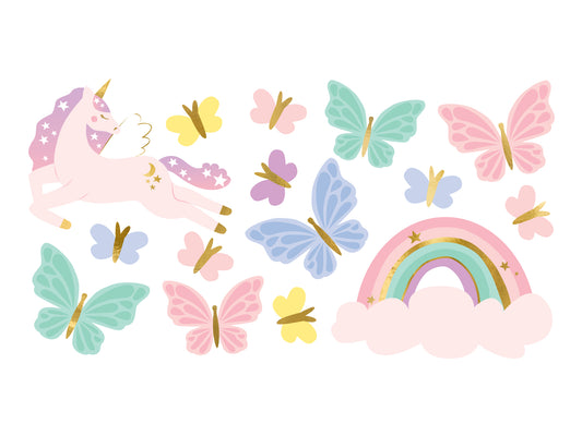 pastel unicorn and butterfly temporary tattoo sheet with rainbow, sold at Confetti My Party Toronto