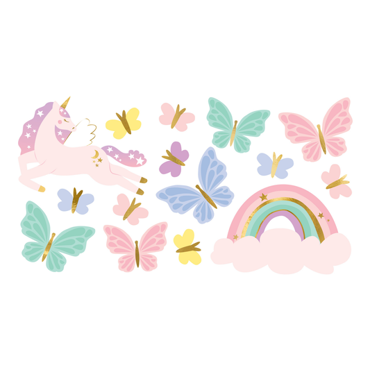 Pastel unicorn and butterfly temporary tattoo sheet with rainbow, sold at Confetti My Party Toronto.