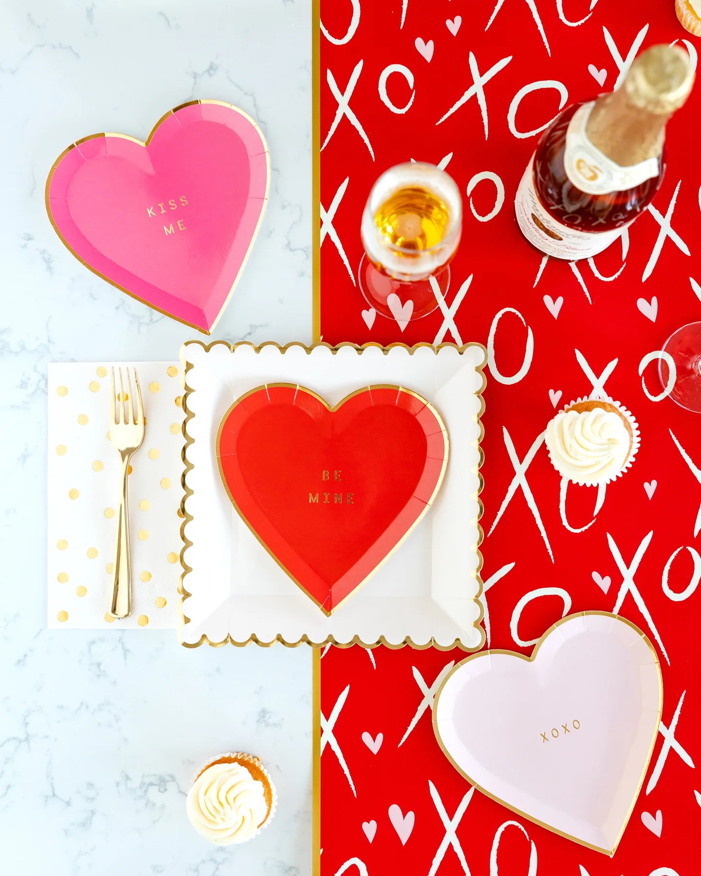 kiss me, be mine, xoxo heart shaped plates in three different shades of red and pink
