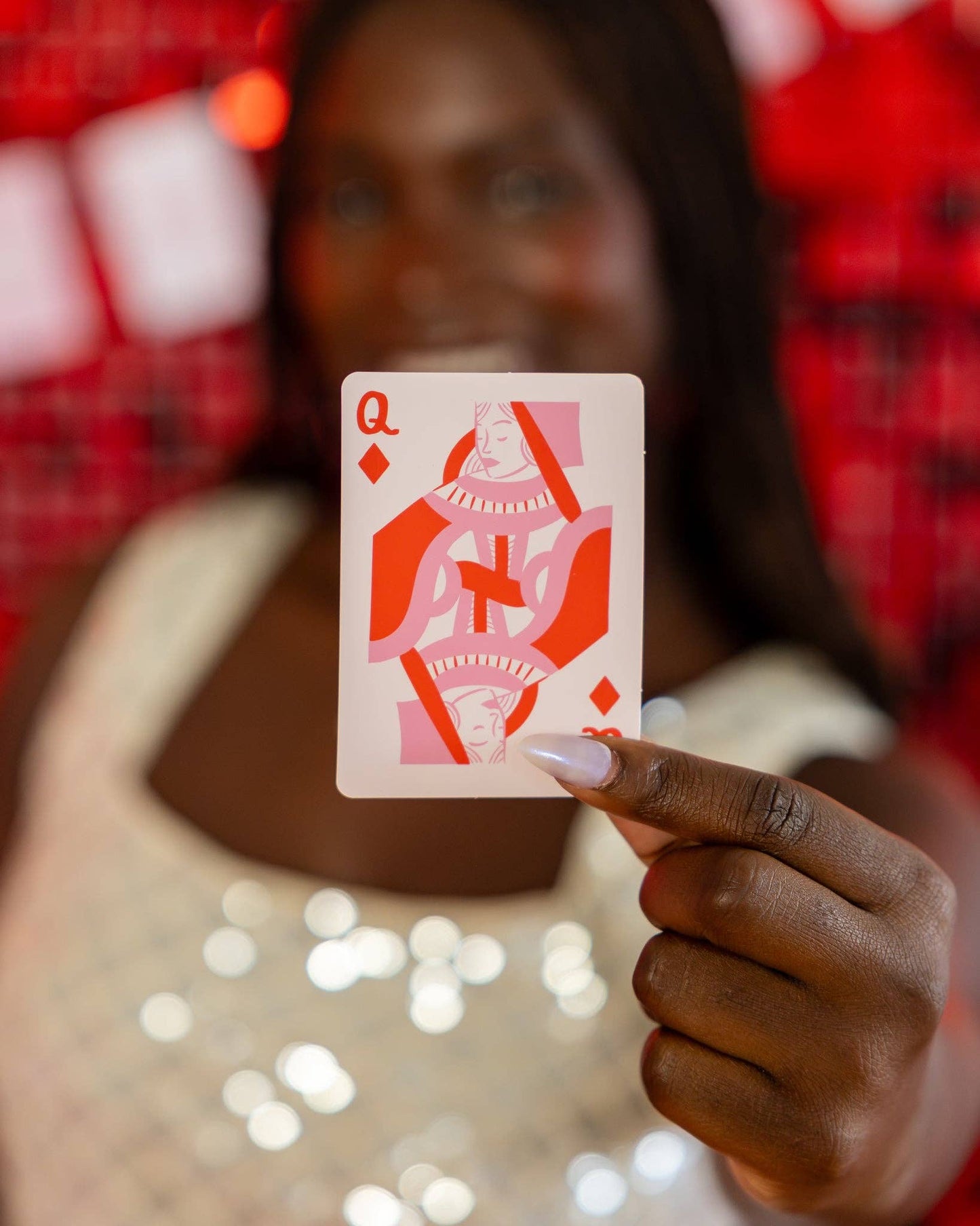 Queen playing card from Lucky Valentine’s deck in pink and red tones, perfect for Galentine’s celebrations
