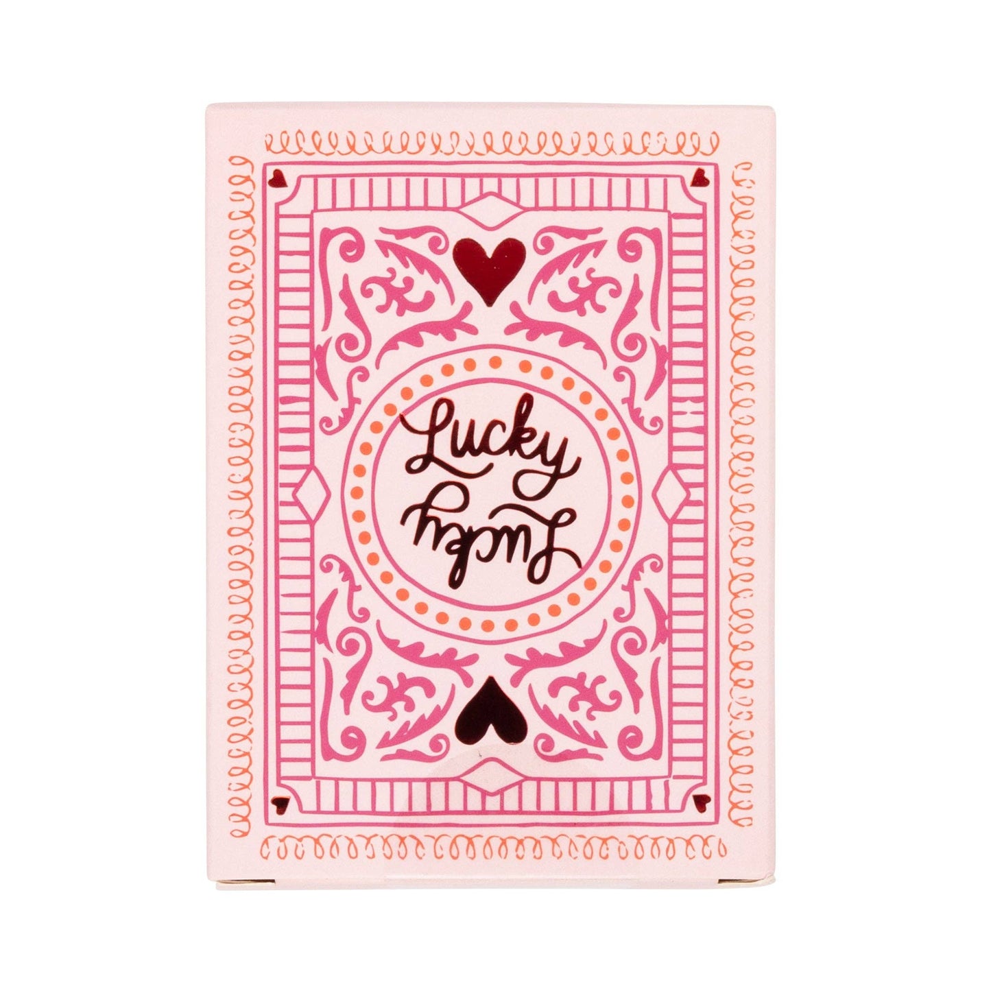 Pink Lucky Valentine’s playing cards with heart details, available in Toronto at Confetti My Party