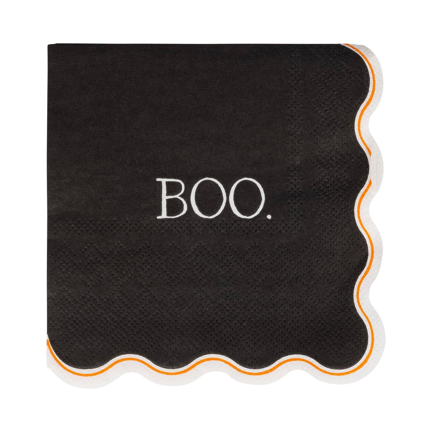 Black cocktail napkin with white “BOO.” text and scalloped edges, available at our Toronto party shop.