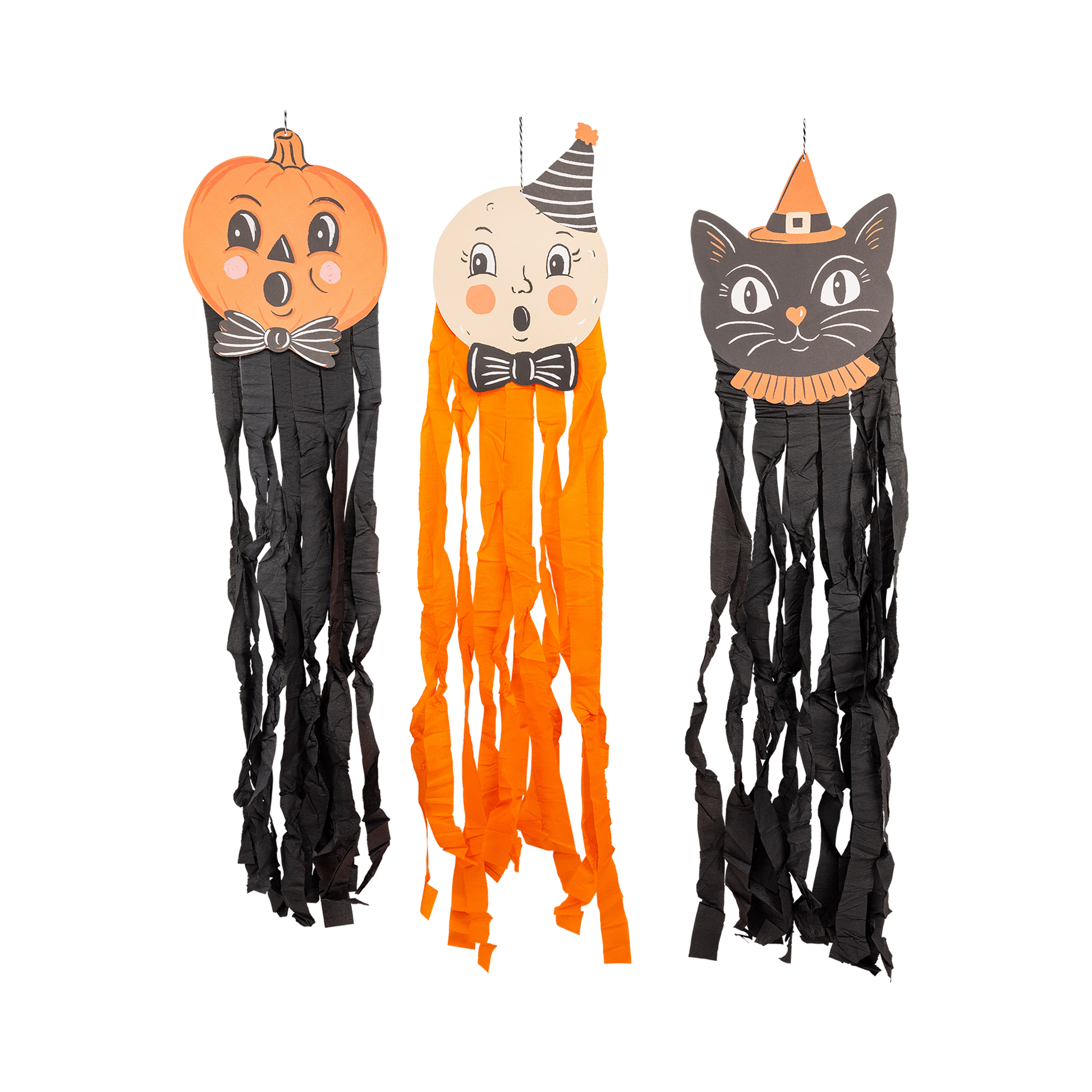 Three Halloween-themed decorations: a pumpkin, ghost, and cat with ribbons on a white background.