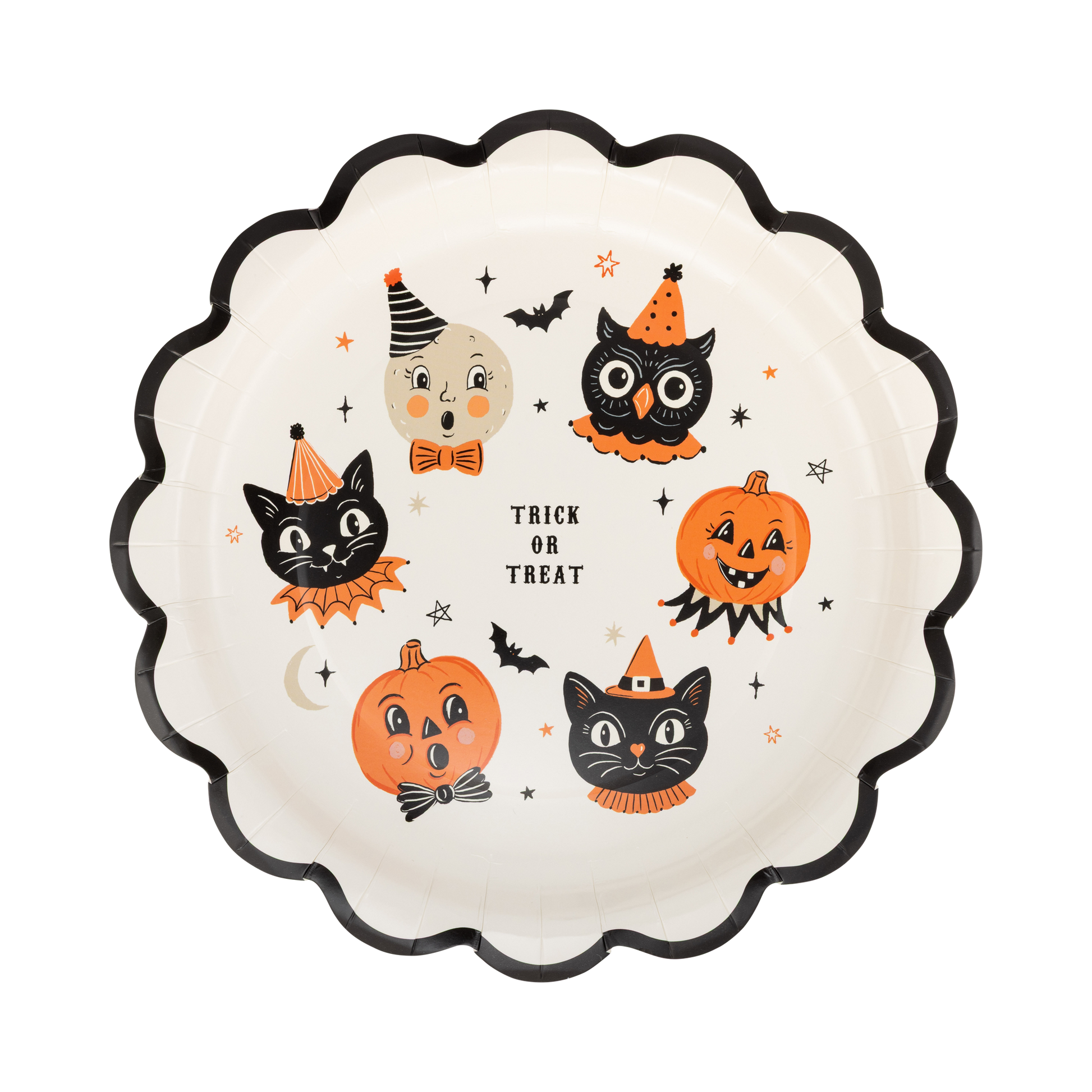 Halloween-themed plate with cartoon characters on a white background