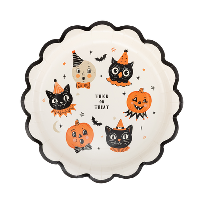 Halloween-themed plate with cartoon characters on a white background