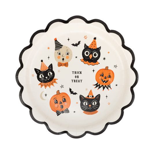 Halloween-themed plate with cartoon characters on a white background