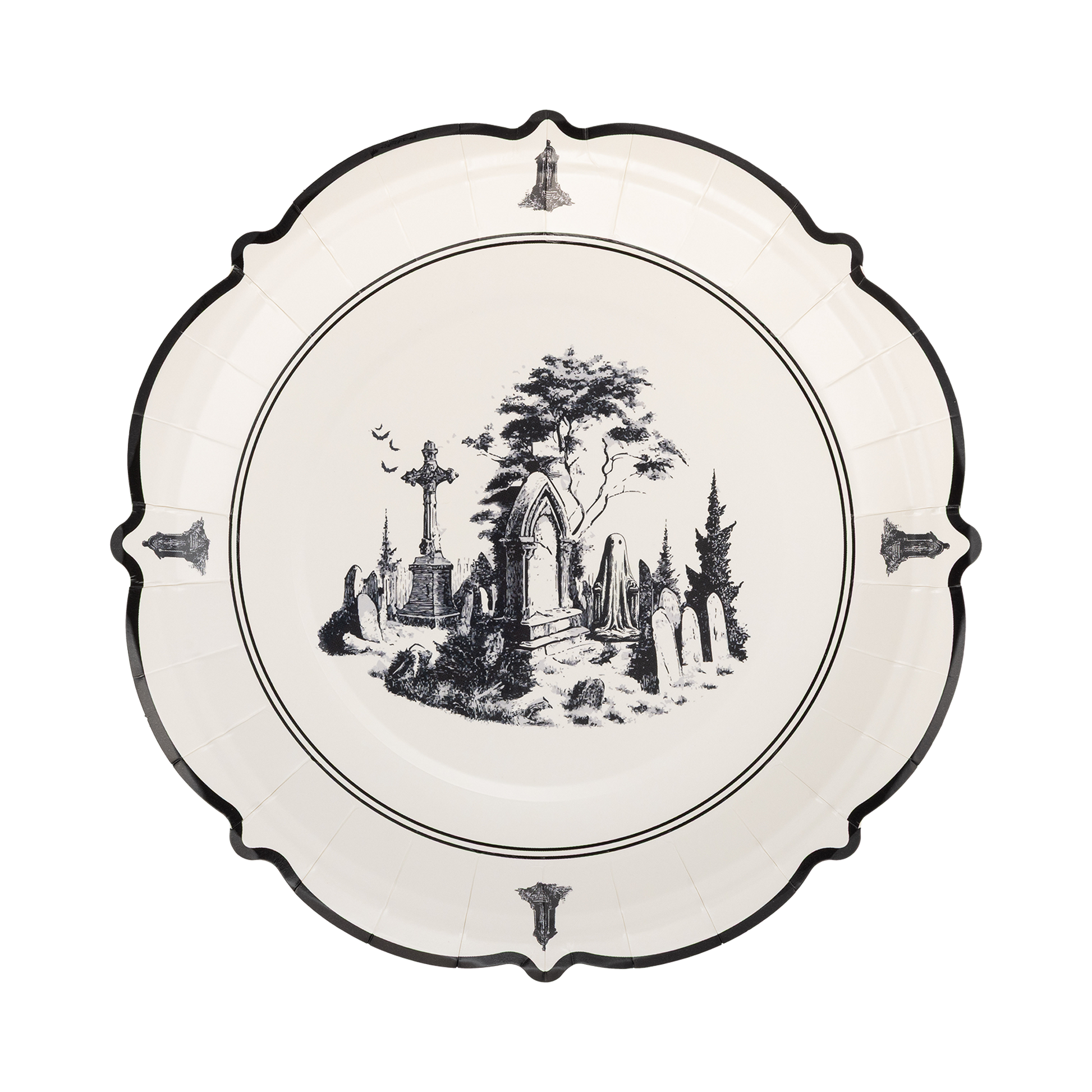 Haunted toile Halloween paper plate with vintage cemetery, ghost and gravestone illustration.
