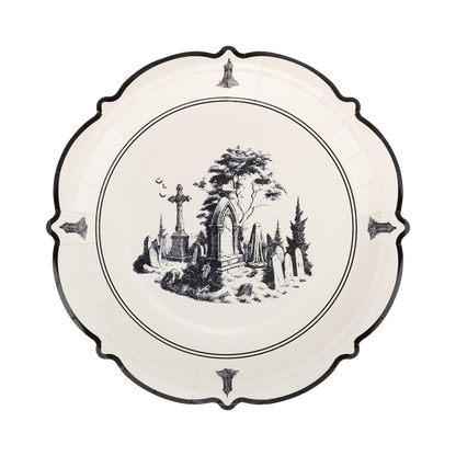 Haunted toile Halloween paper plate with vintage cemetery, ghost and gravestone illustration.