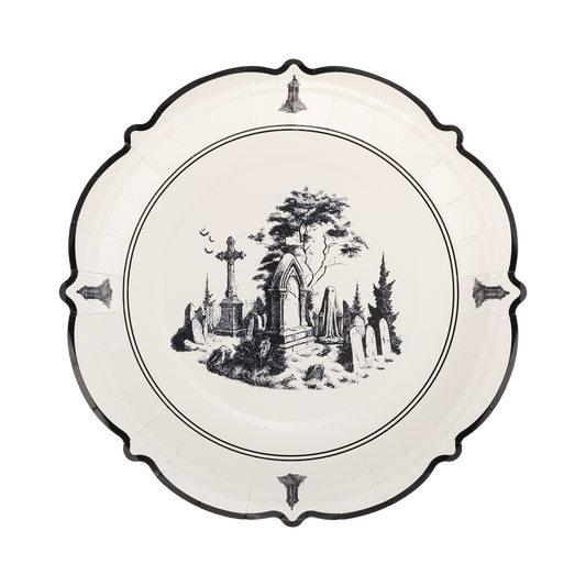 Haunted toile Halloween paper plate with vintage cemetery, ghost and gravestone illustration.