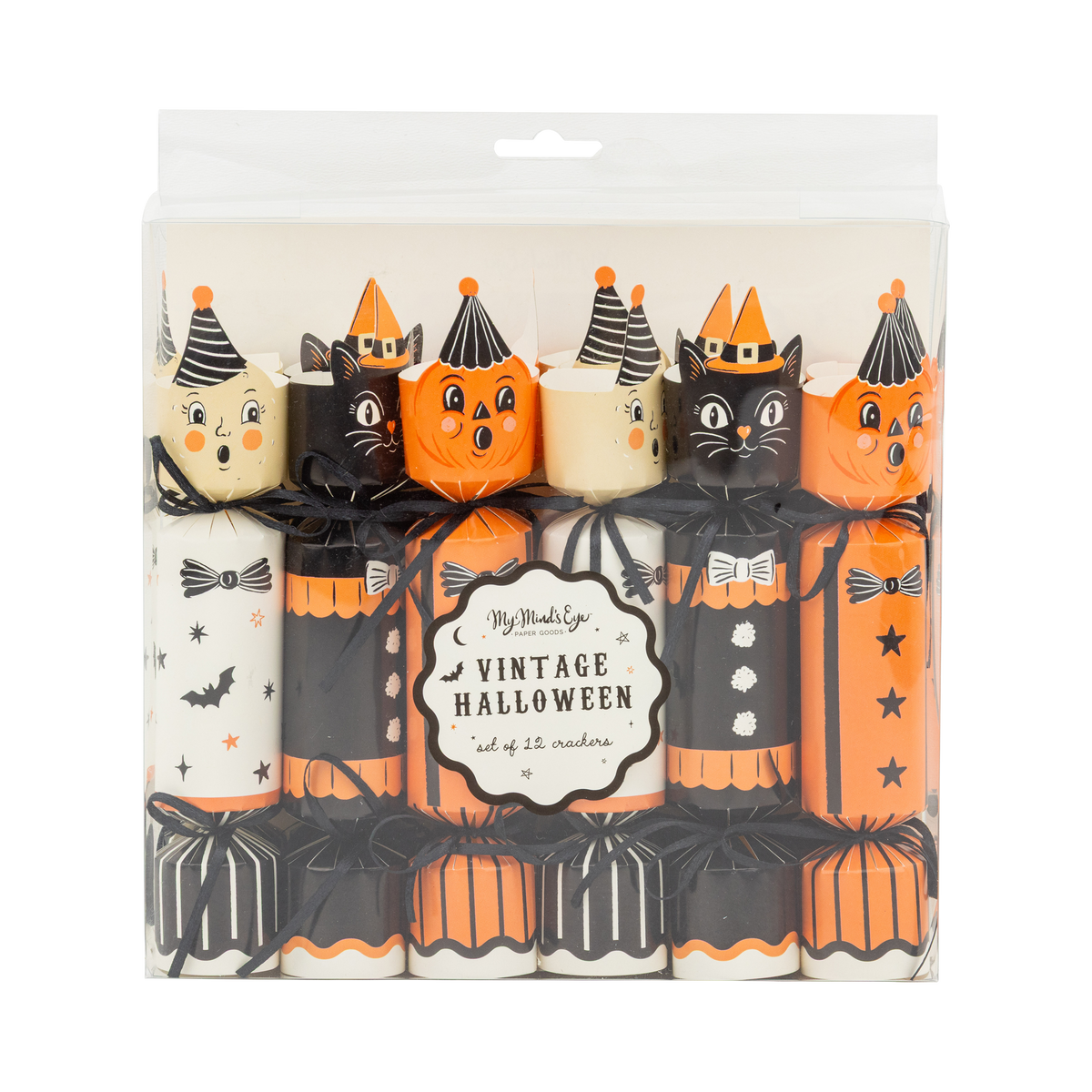 Packaged Halloween-themed crackers with black, orange, and white design on a white background
