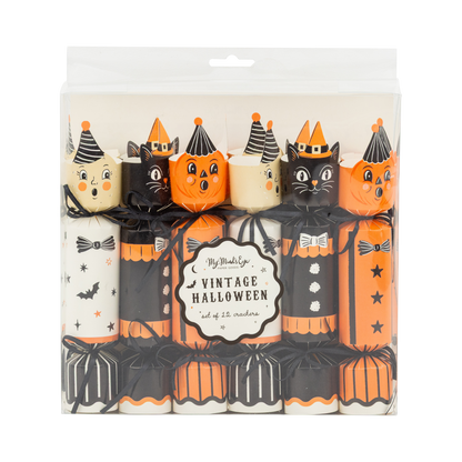 Packaged Halloween-themed crackers with black, orange, and white design on a white background
