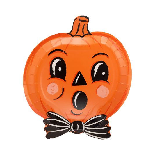 Pumpkin-shaped balloon with a face and bow tie on a white background