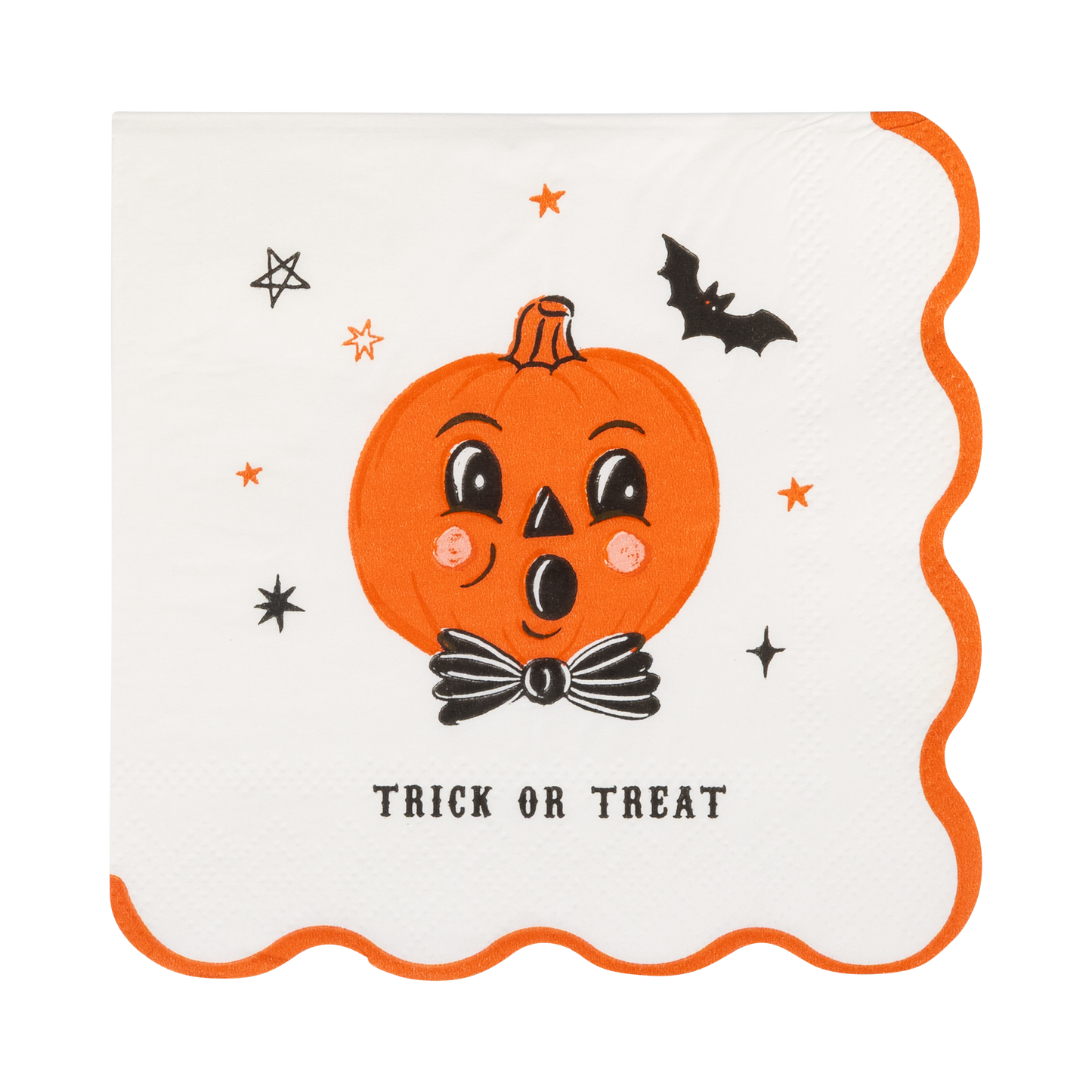 Halloween-themed cocktail napkin with a smiling pumpkin face, black bats, and stars on a white background.