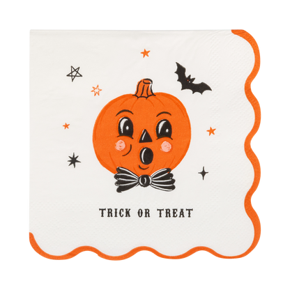 Halloween-themed cocktail napkin with a smiling pumpkin face, black bats, and stars on a white background.