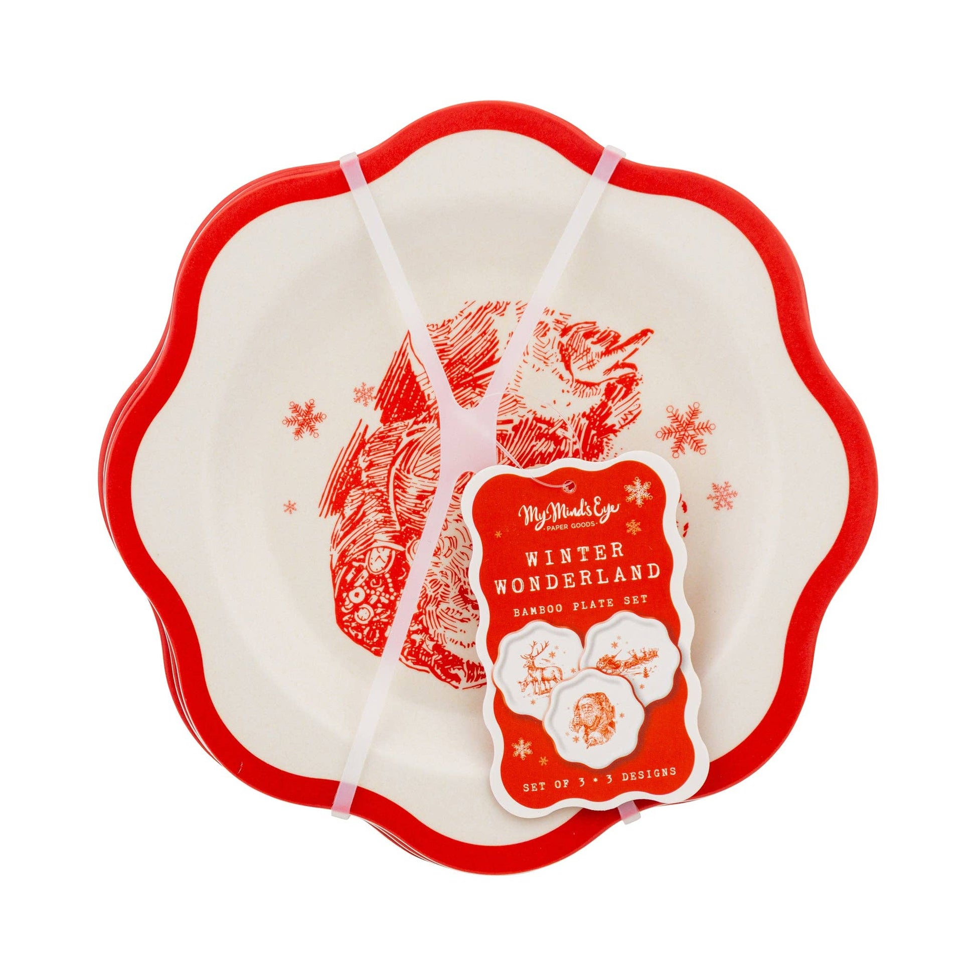Set of three red vintage bamboo plates with Santa, sleigh, and reindeer illustrations, Toronto Christmas tableware.