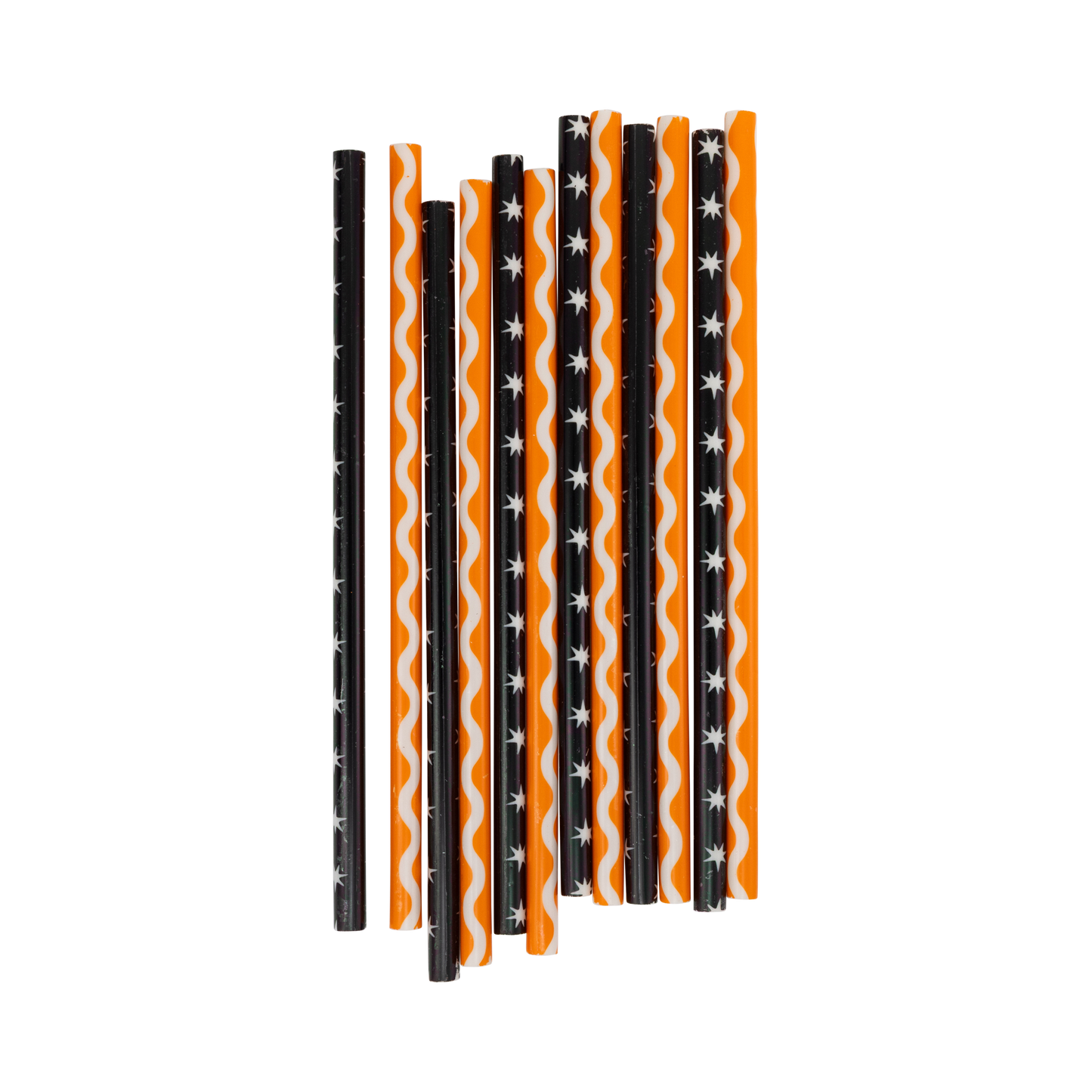 Set of Halloween-themed straws with black, orange, and white patterns on a white background
