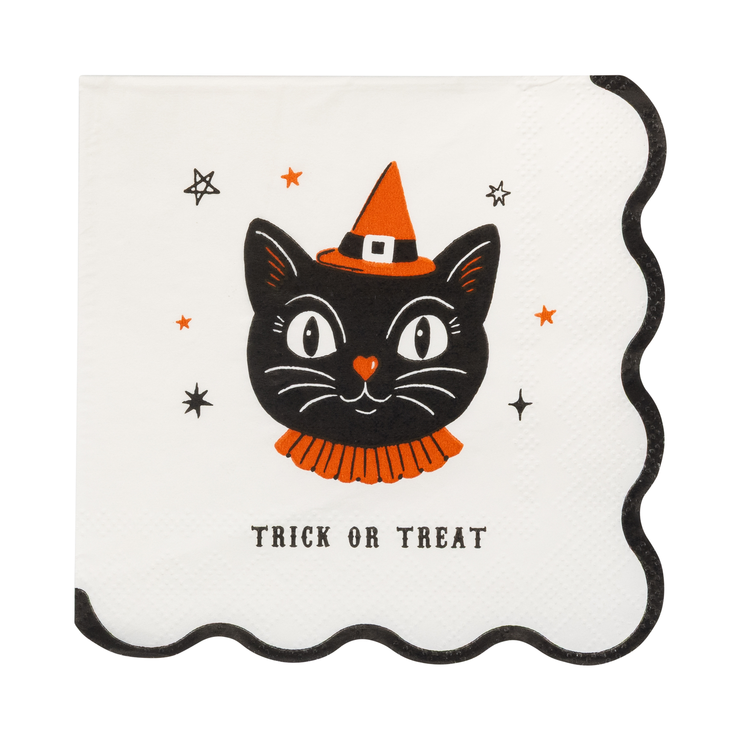 Halloween-themed cocktail napkin with a black cat wearing a witch hat and scarf, and 'Trick or Treat' text on a white background.