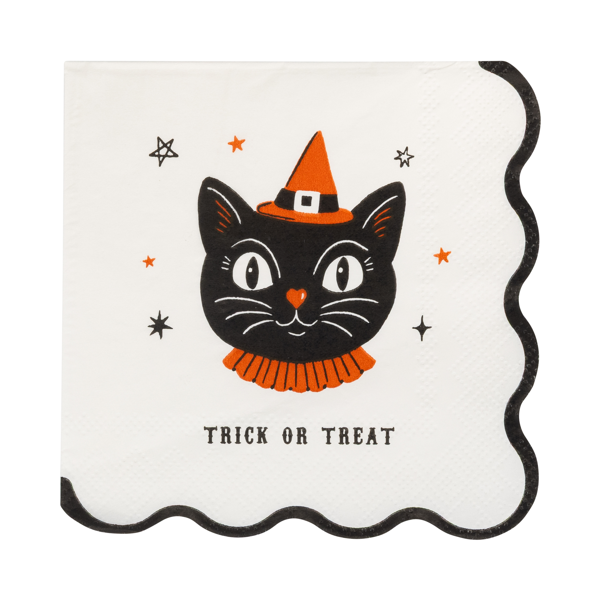 Halloween-themed cocktail napkin with a black cat wearing a witch hat and scarf, and 'Trick or Treat' text on a white background.